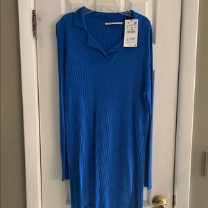 ZARA VIBRANT BLUE RIBBED COLLARED  SWEARER KNIT DRESS SIZE L